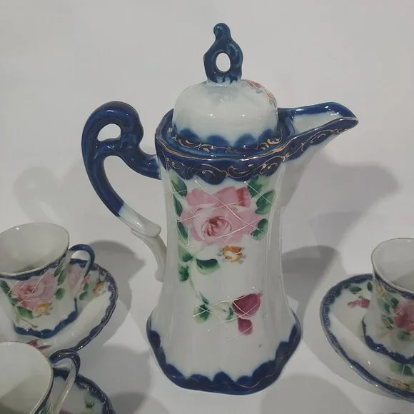 Nippon Hand Painted CHOCOLATE POT Cobalt Blue Gold Florial 12pc Set Antique - Picture 5 of 16